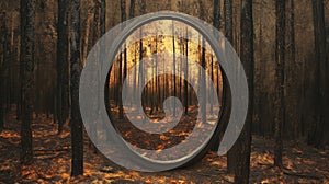 Oval mirror capturing the reflection of a charred forest landscape after a devastating fire