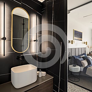 Oval mirror with led light in bathroom