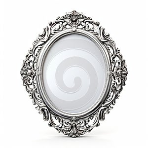 oval mirror with a silver foil frame and intricate scrollwork d photo