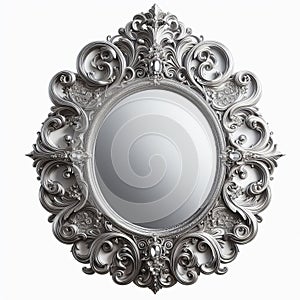 Oval mirror with a silver foil frame and intricate scrollwork d photo