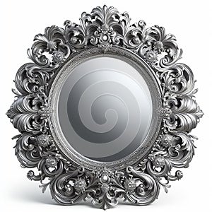 Oval mirror with a silver foil frame and intricate scrollwork d photo