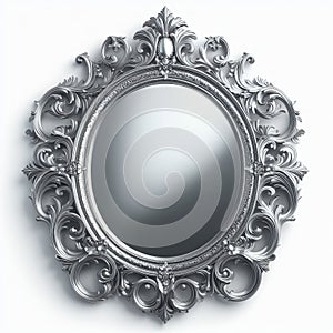 Oval mirror with a silver foil frame and intricate scrollwork d photo