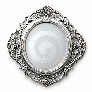 oval mirror with a silver foil frame and intricate scrollwork d photo