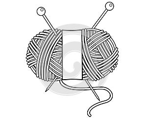 Oval skein of knitting thread with knitting needles and label - vector linear illustration for coloring, sign or icon. A ball of y