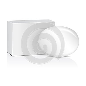 Oval soap with white box. Realistic mockup package