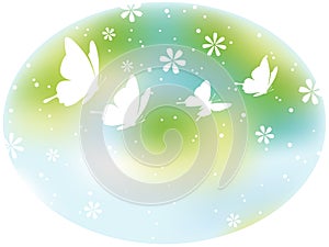 Oval Springtime Vector Background Illustration With Flowers, Butterflies, And Text Space.