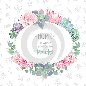 Oval succulents vector design frame. Echeveria, protea, eucaliptus, rose, hydrangea.