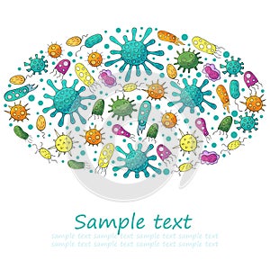 Oval vector set of design elements, text. Set of cartoon microbes. Coronavirus, viruses, bacteria, microorganisms