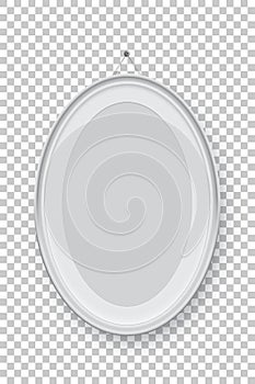 Oval vertical white picture or photo frame holding on pin isolated on transparent background. Vector design element.