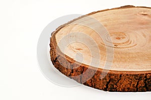 Oval wooden cutting board textured on a white background