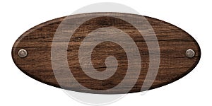 Oval wooden sign made of dark wood and fastened with nails