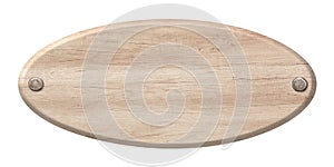 Oval wooden sign made of light wood and fastened with nails photo