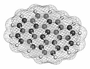 Ovalene polycyclic aromatic hydrocarbon molecule. Atoms are represented as spheres with conventional color coding: hydrogen white