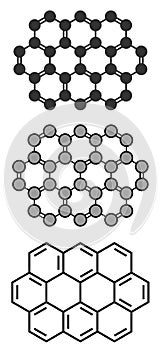 Ovalene polycyclic aromatic hydrocarbon molecule. Stylized 2D renderings and conventional skeletal formula.