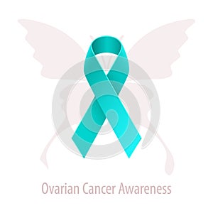 Ovarian Cancer Awareness Teal Ribbon over butterfly silhouette