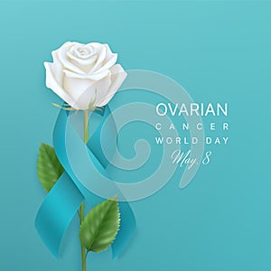 Ovarian cancer world day background with ribbon and rose photo