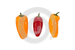 Ovely mini red and yellow peppers on white isolate background. Fresh vegetable