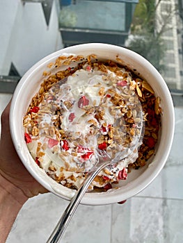 Oven Baked Artisan Granola with Yogurt, Dried Strawberries and Chia Seeds in Bowl. Holding in Hand