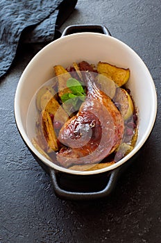 Oven baked duck leg with apples and cranberry sauce close up