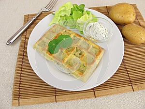 Oven-baked potato waffles with cream cheese dip