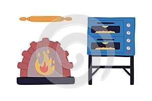 Oven with Burning Fire Flame with Pizza Cooking and Rolling Pin Vector Set