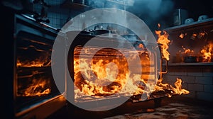 The oven caught fire in the kitchen during cooking, smoke and soot around, Kitchen fire accident