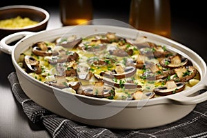 oven dish of shimeji mushrooms topped with molten jarlsberg