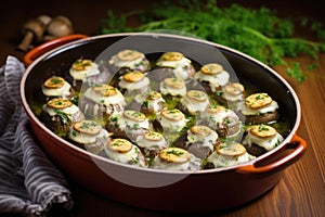 oven dish of shimeji mushrooms topped with molten jarlsberg