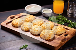 oven-fresh biscuits on a wooden serving board