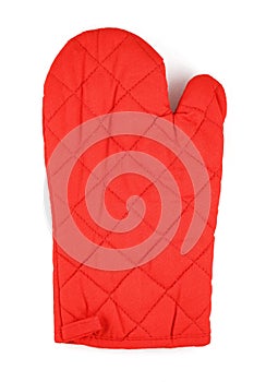 Oven glove for hot dishes isolated on white, top view. Quilted red heat protective mitten