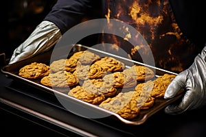 oven mitt holding a tray of golden brown cookies
