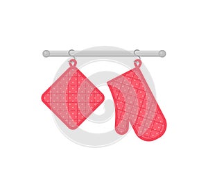 Oven mitt and potholder hanging on rack. Vector illustration. Kitchenware icon
