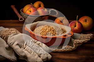 oven mitts holding a hot peach crumble dish