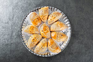 Oven pastel. Party food. grey background