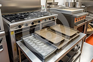 oven and range with baking trays and mixers, ready for baking