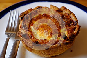 An oven warmed quiche on white plate photo