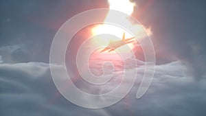 Over clouds aerial view. flying military jet plane. Wonderfull sunset. 3d rendering.