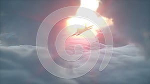 Over clouds aerial view. flying military jet plane. Wonerfull sunset. Realistic 4k animation.