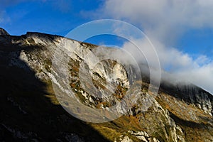 Over the clouds in high mountains, Pyrenees, foggy and cloudy