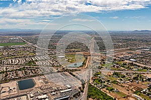 Over Gilbert, Arizona looking southeast along the railroad tracks