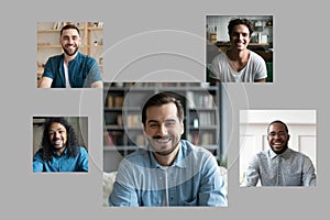 Over gray background photography of five handsome millennial multiethnic guys photo