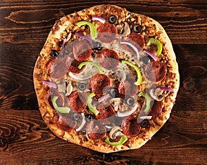 Over head view of pizza with supreme toppings