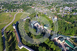 Over Holy Dormition Pskov-Caves Monastery aerial survey. Pechory, Russia