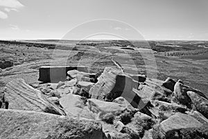 Over jumbled gritstone rocks and acrosss Hathersage Moor