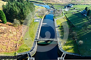 Over looking Claerwen Dam on a bright sunny day in march 2020, Elan Valley