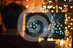 over shoulder shot of person watching router reboot, lights flickering