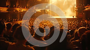 Over-the-shoulder view of a captivated audience in a historic theater, with focus on the illuminated stage