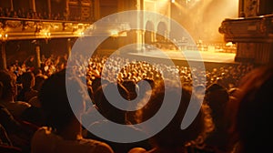 Over-the-shoulder view of a captivated audience in a historic theater, with focus on the illuminated stage