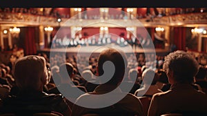 Over-the-shoulder view of a theater audience watching a stage performance, capturing the atmosphere