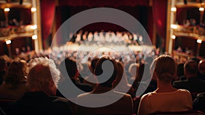 Over-the-shoulder view of a theater audience watching a stage performance, capturing the atmosphere